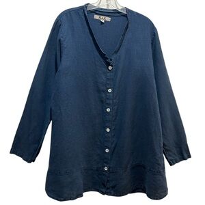 VTG Flax Navy Linen Long Sleeve Button-Up Relaxed Fit Tunic - Medium